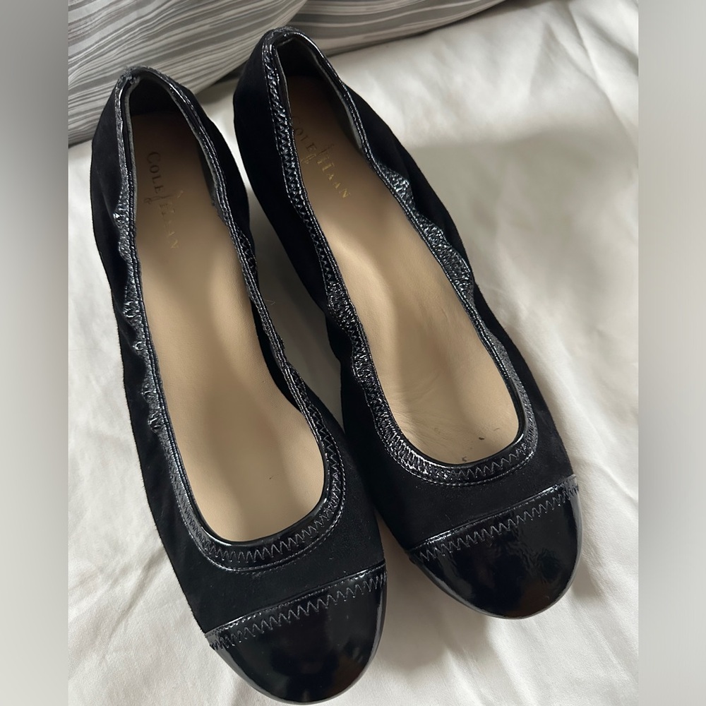 Cole Haan Women's Suede (Milly) Black Wedges with Patent Trim - 8B